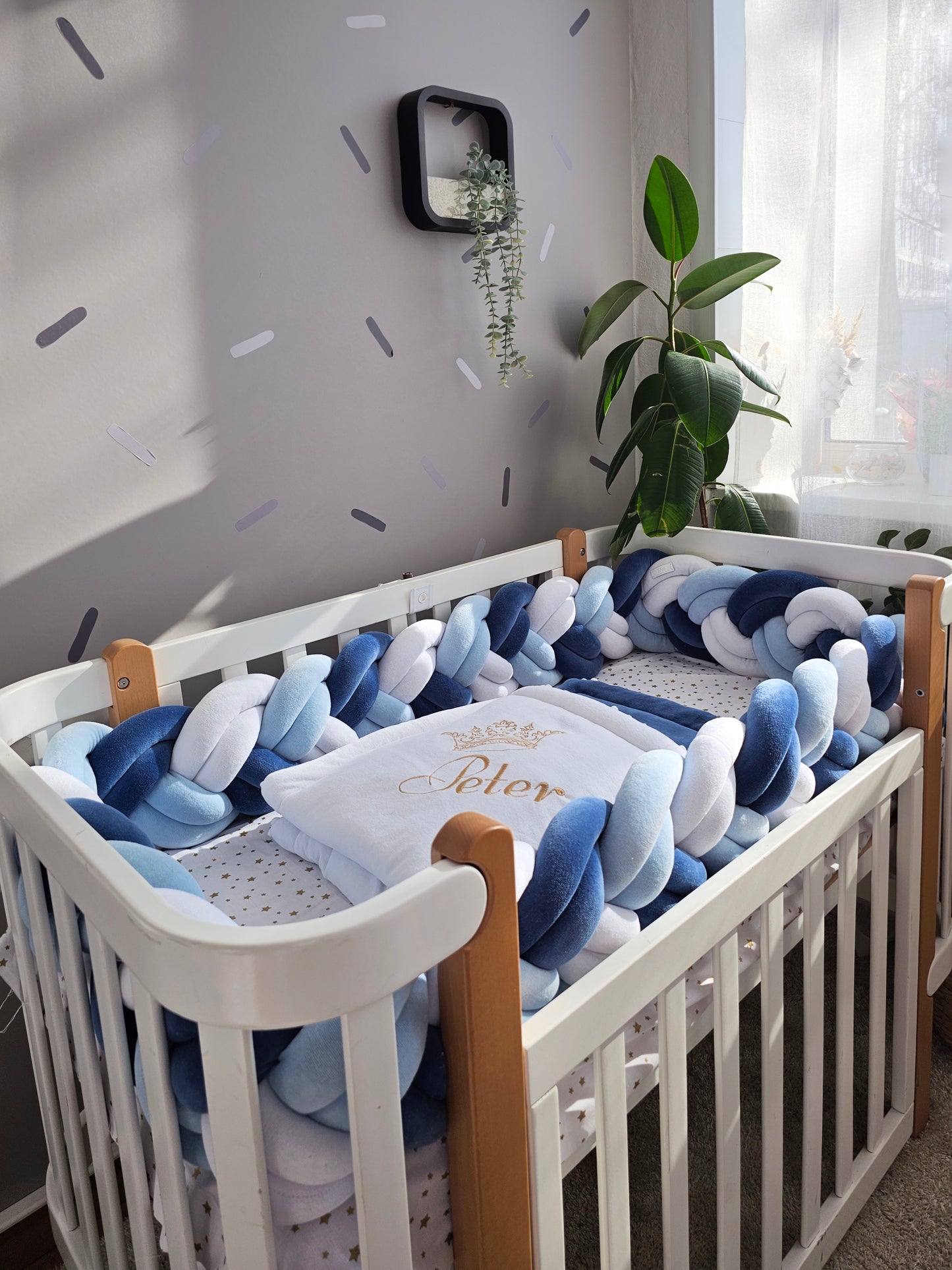 Braided crib bumper navi, blue, white. KARI studio