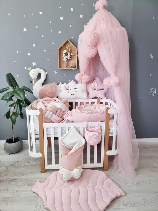 Personalized baby bedding set for girl blush, light pink. Braided crib bumper - KariStudio