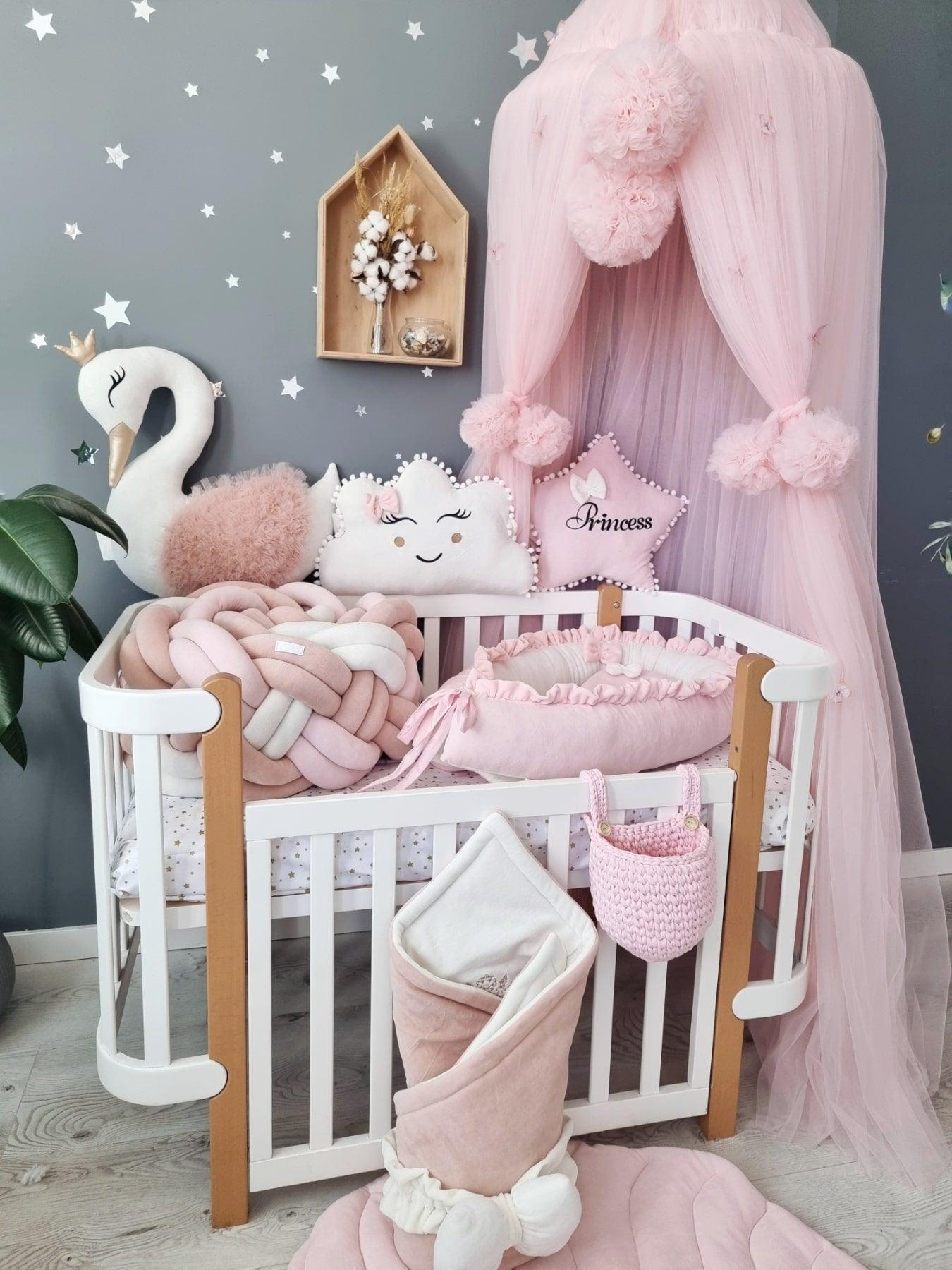 Personalized baby bedding set for girl blush, light pink. Braided crib bumper - KariStudio