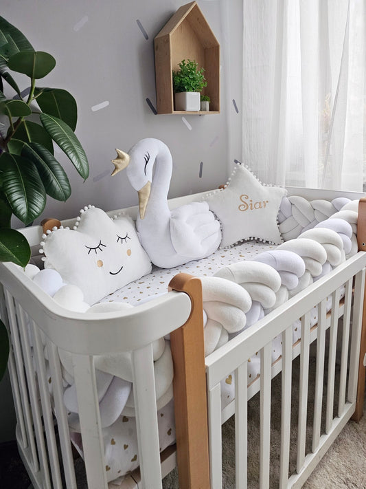 Personalized baby crib bedding set white. Braided crib bumper. KARI studio