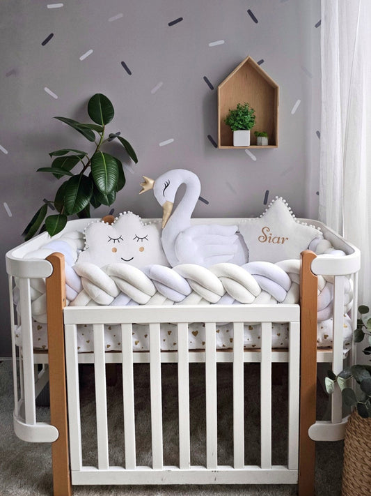 Personalized baby crib bedding set white. Braided crib bumper. KARI studio