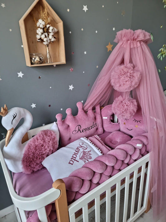 Crib baby bedding set for girl dry rose. Braided crib bumper - KariStudio