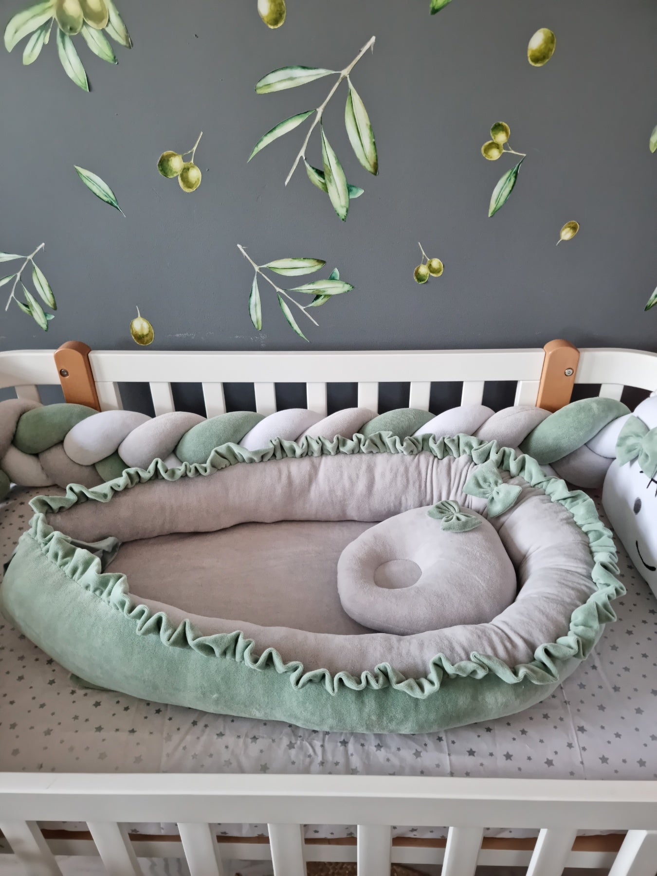 Personalized baby bedding set sage green with braided crib bumper. KARI studio