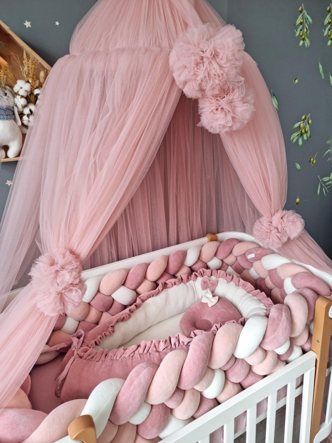 Personalized cot bumper set for girl pink. Braided crib bumper - KariStudio