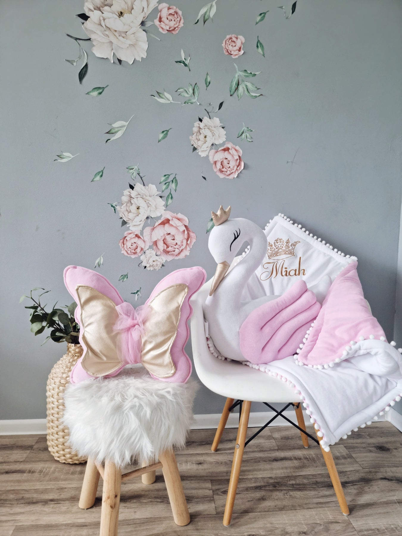 Baby bedding set - pillow swan, butterfly, crib baby blanket - KARI studio