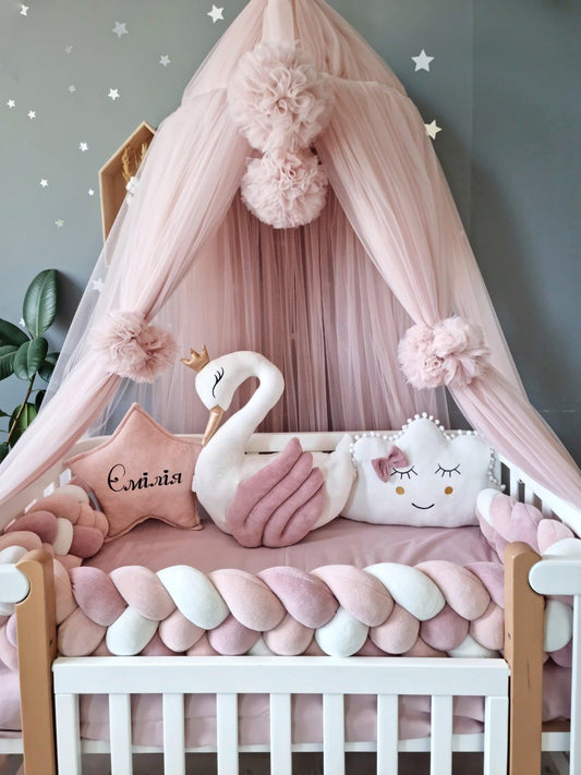 Personalized princess baby bedding set light blush. Braided crib bumper - KariStudio