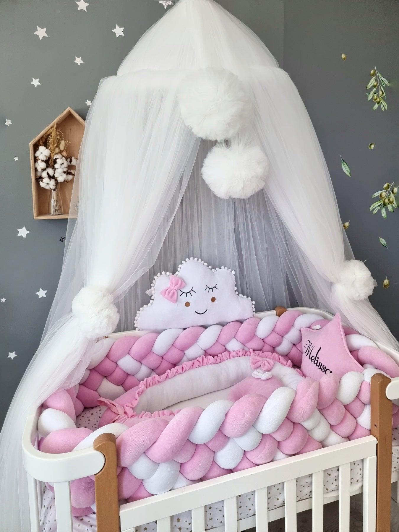 Personalized cot bumper set for girl blush. Braided crib bumper - KariStudio