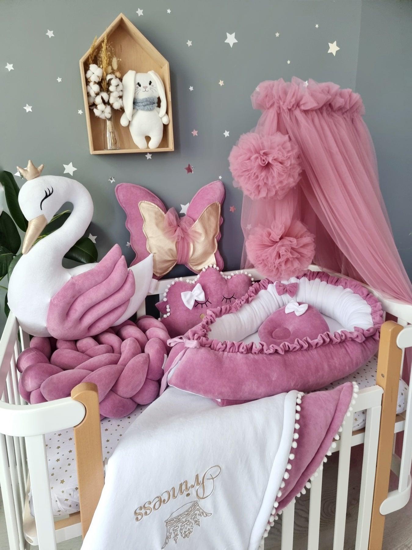 Personalized baby bedding set blush. Braided crib bumper - KariStudio