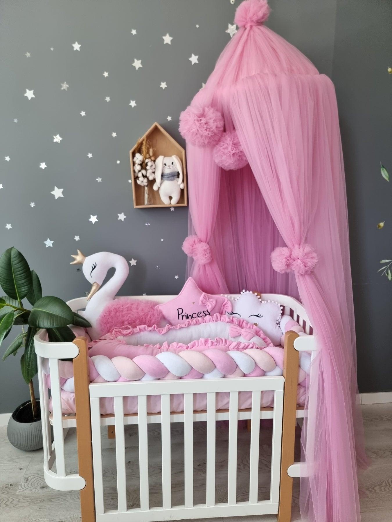 Personalized baby bedding set pink. Braided crib bumper - KariStudio