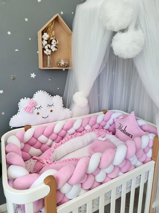 Personalized cot bumper set for girl pink - KariStudio