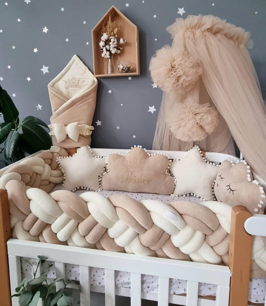 Personalized Baby bedding set beige cream. Braided crib bumper - KariStudio