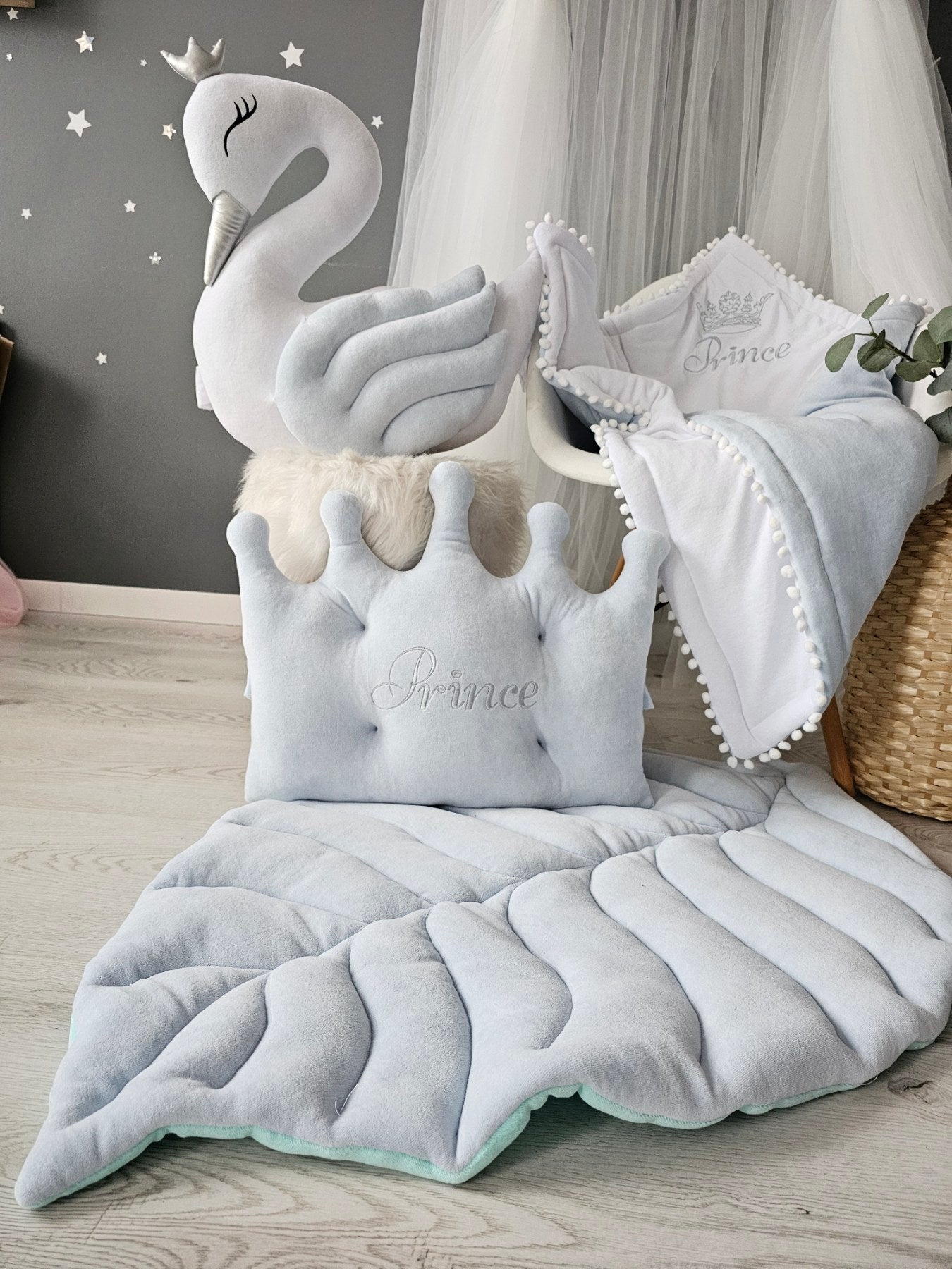 Baby bedding set - pillow swan, crown, crib baby blanket - KARI studio