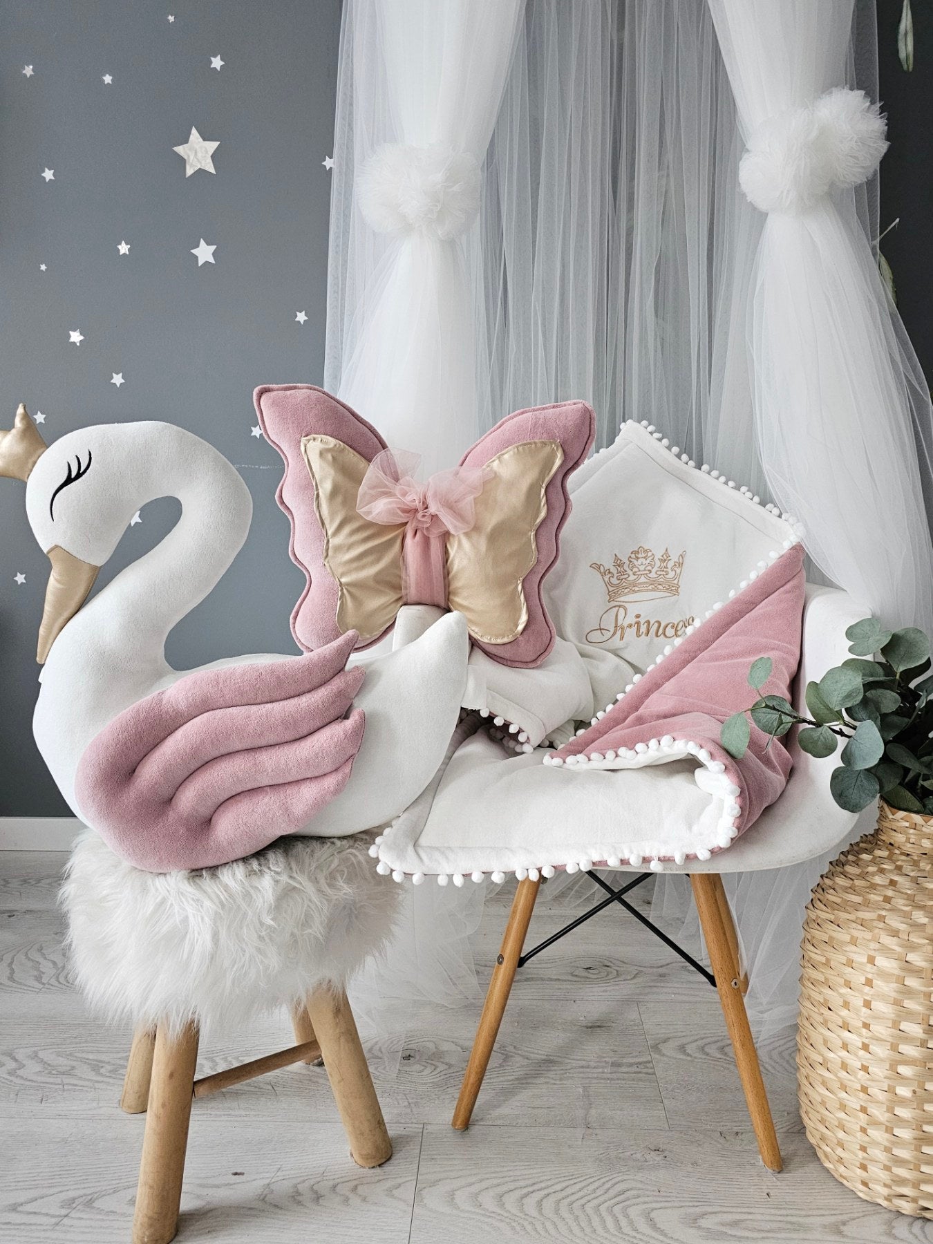 Baby bedding set - pillow swan, butterfly, crib baby blanket - KARI studio