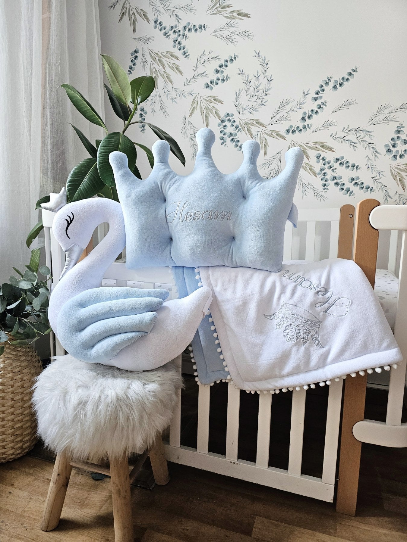 Baby bedding set - pillow swan, crown, crib baby blanket - KARI studio