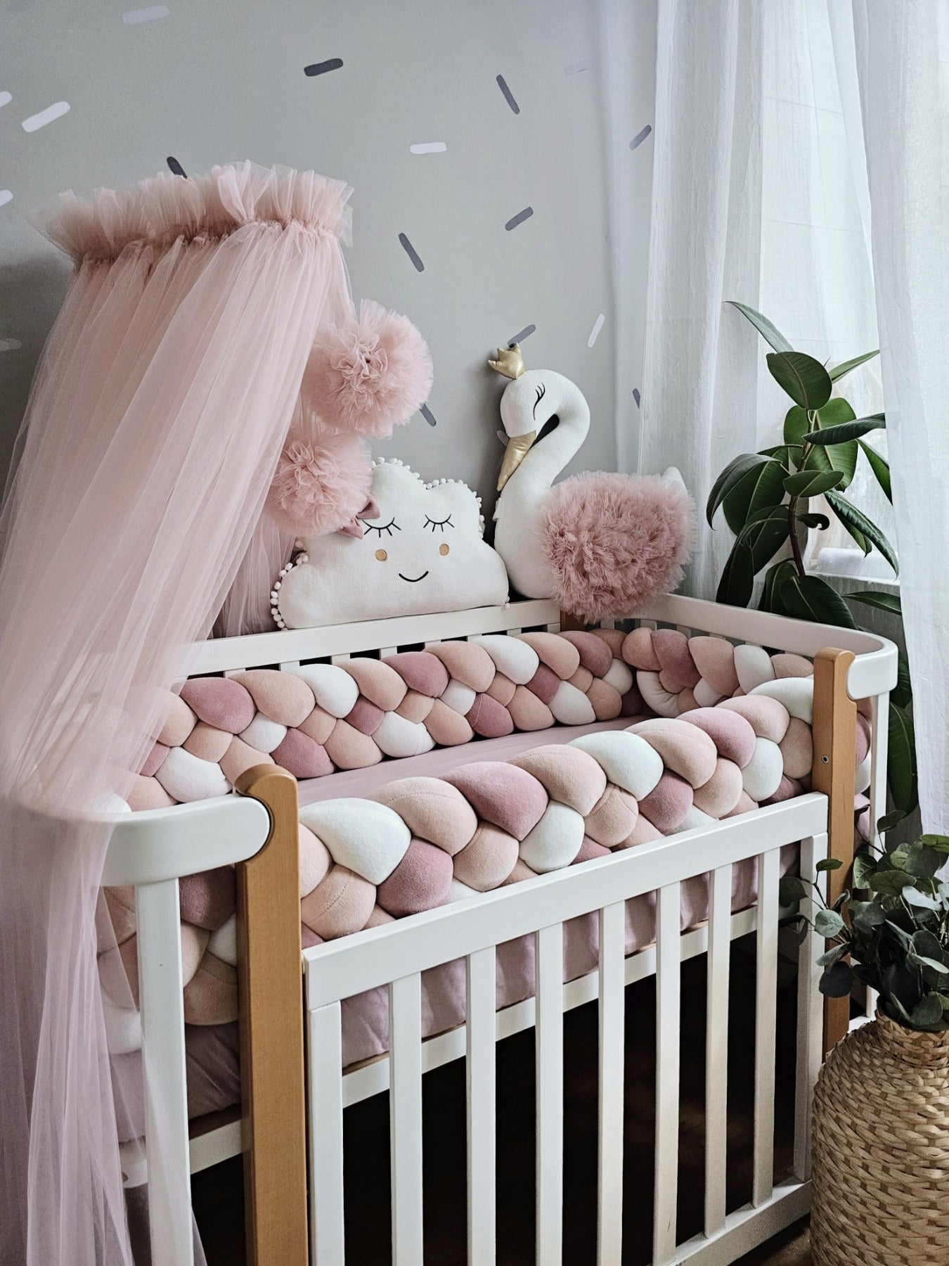 Double braided crib bumper blush shadows 20 cm - KariStudio