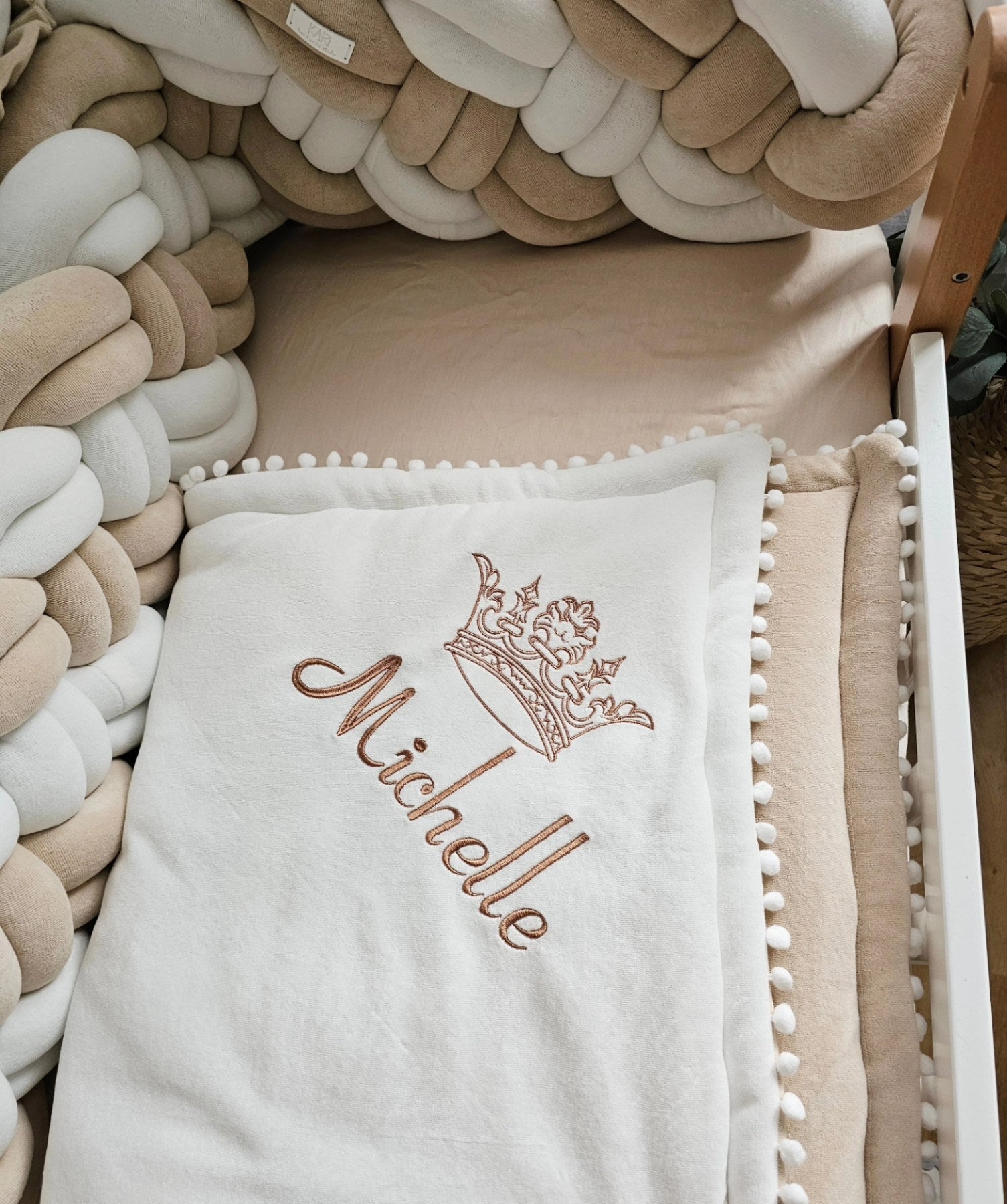 Premium beige baby crib bedding set. Braided crib bumper. KARI studio