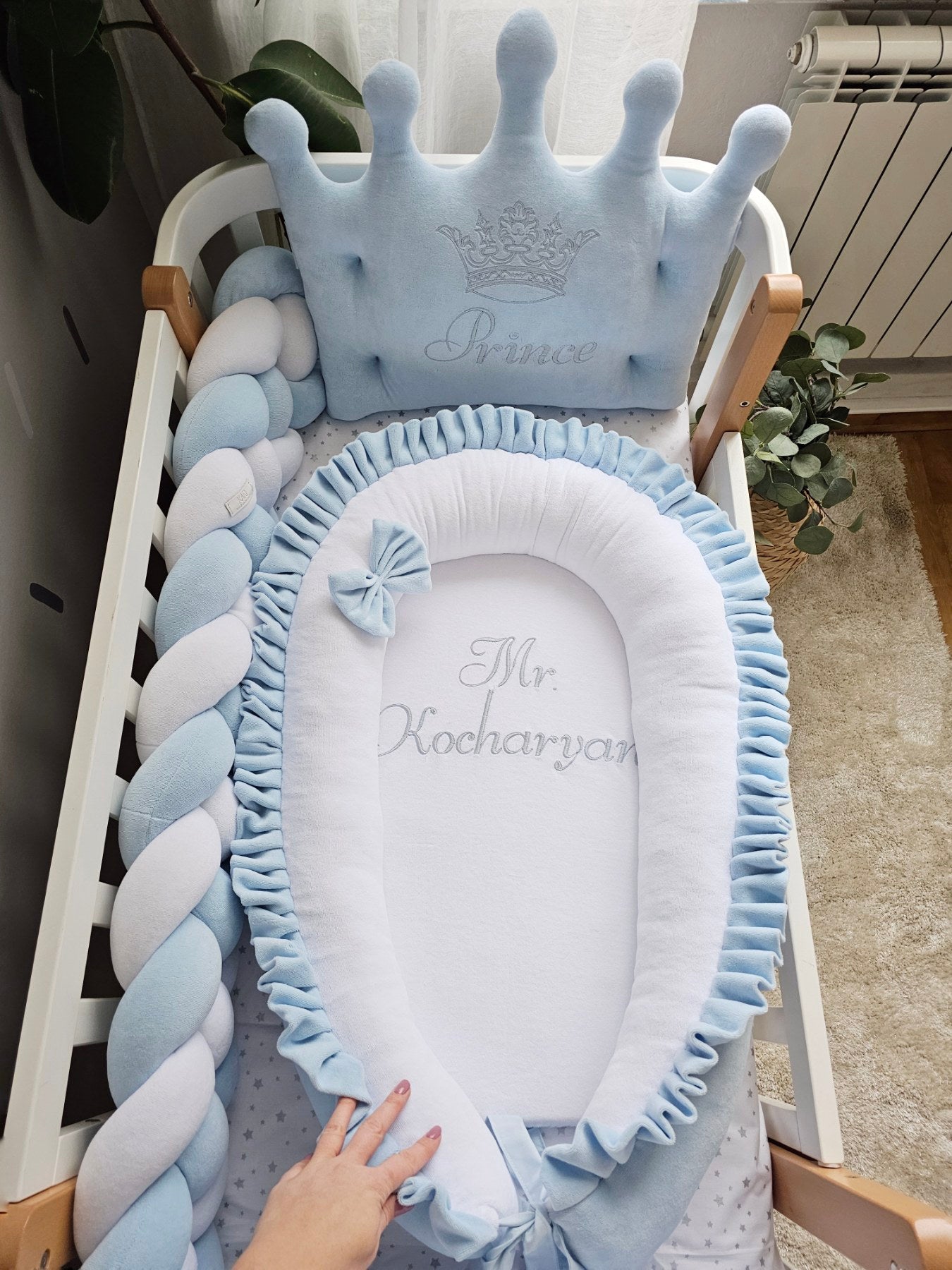 Baby boy bedding set with crib padding: blue, light gray, white. KARI studio