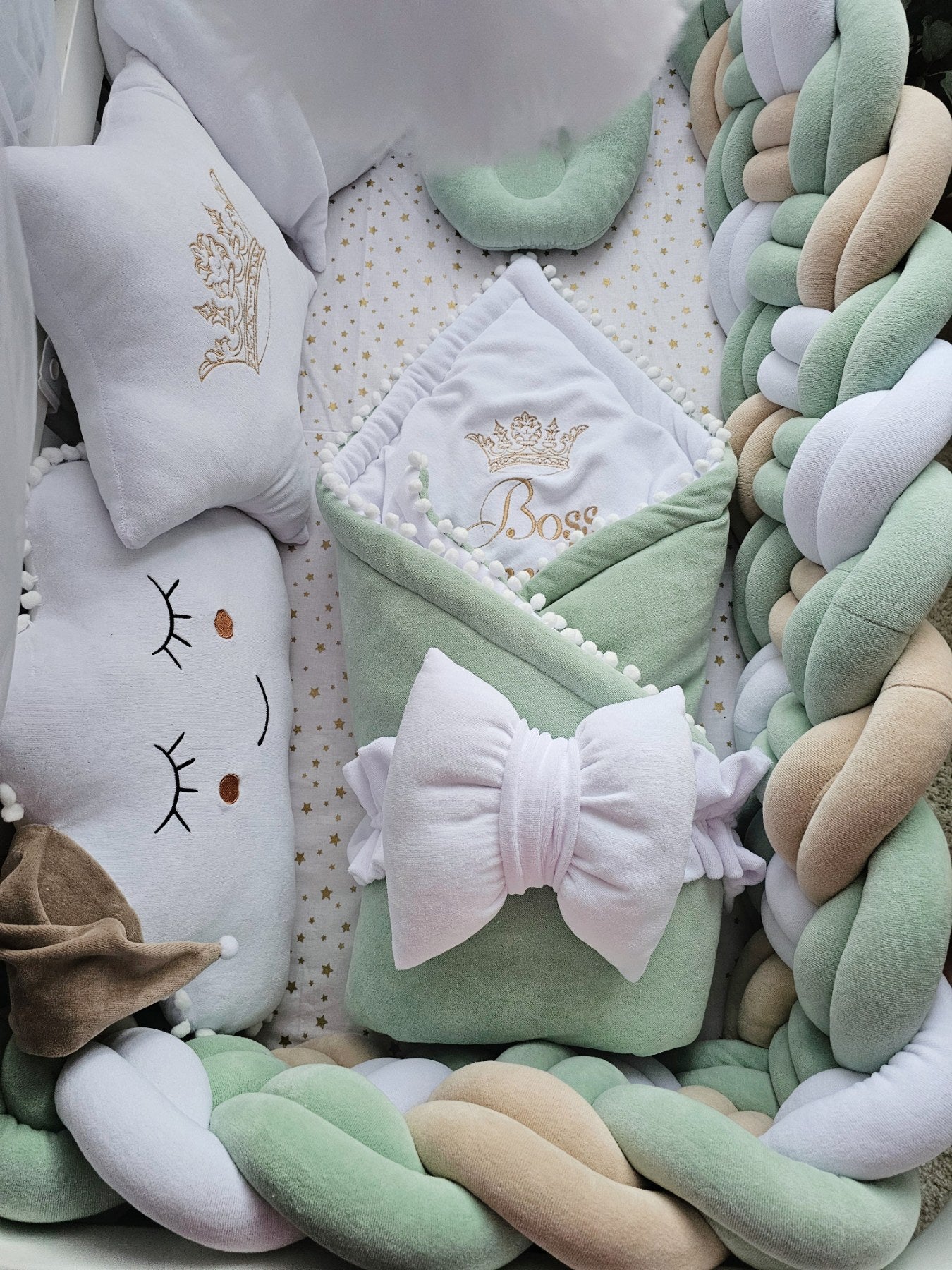 Luxury crib bumper set gender neutral. Braided crib bumper. KARI studio