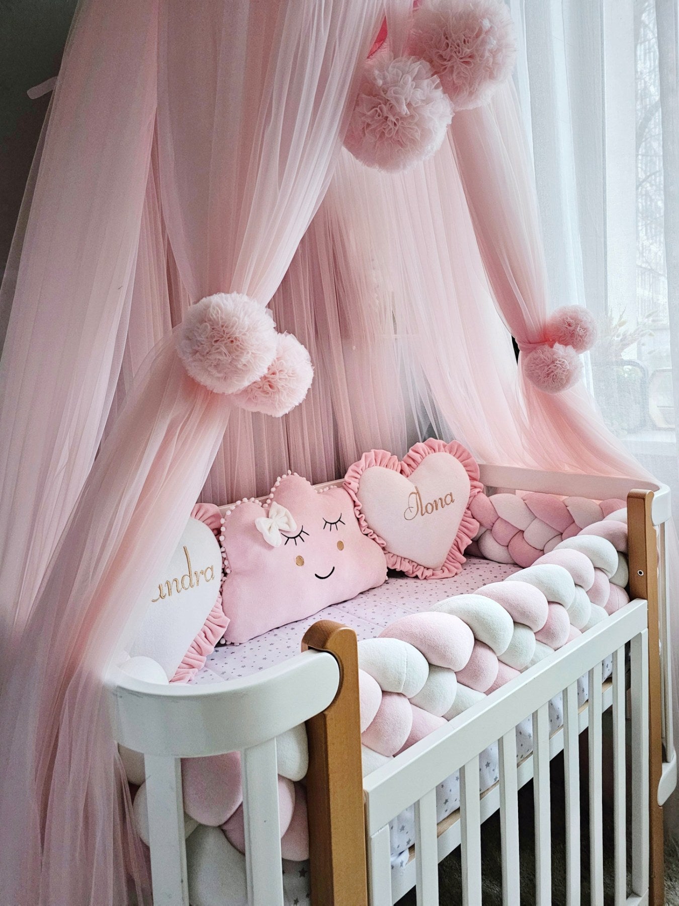 Baby girl bedding crib set. Braided crib bumper, crib canopy. KARI studio