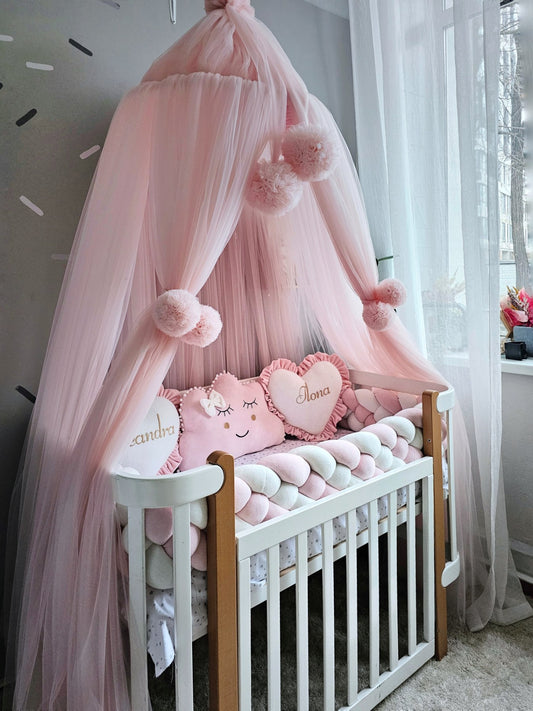 Baby girl bedding crib set. Braided crib bumper, crib canopy. KARI studio