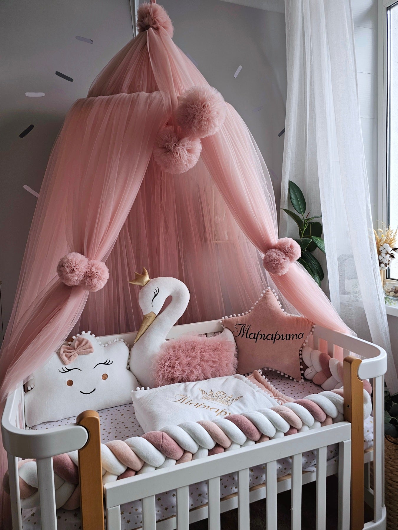 Premium baby bedding set for girl with braided crib bumper. KARI studio