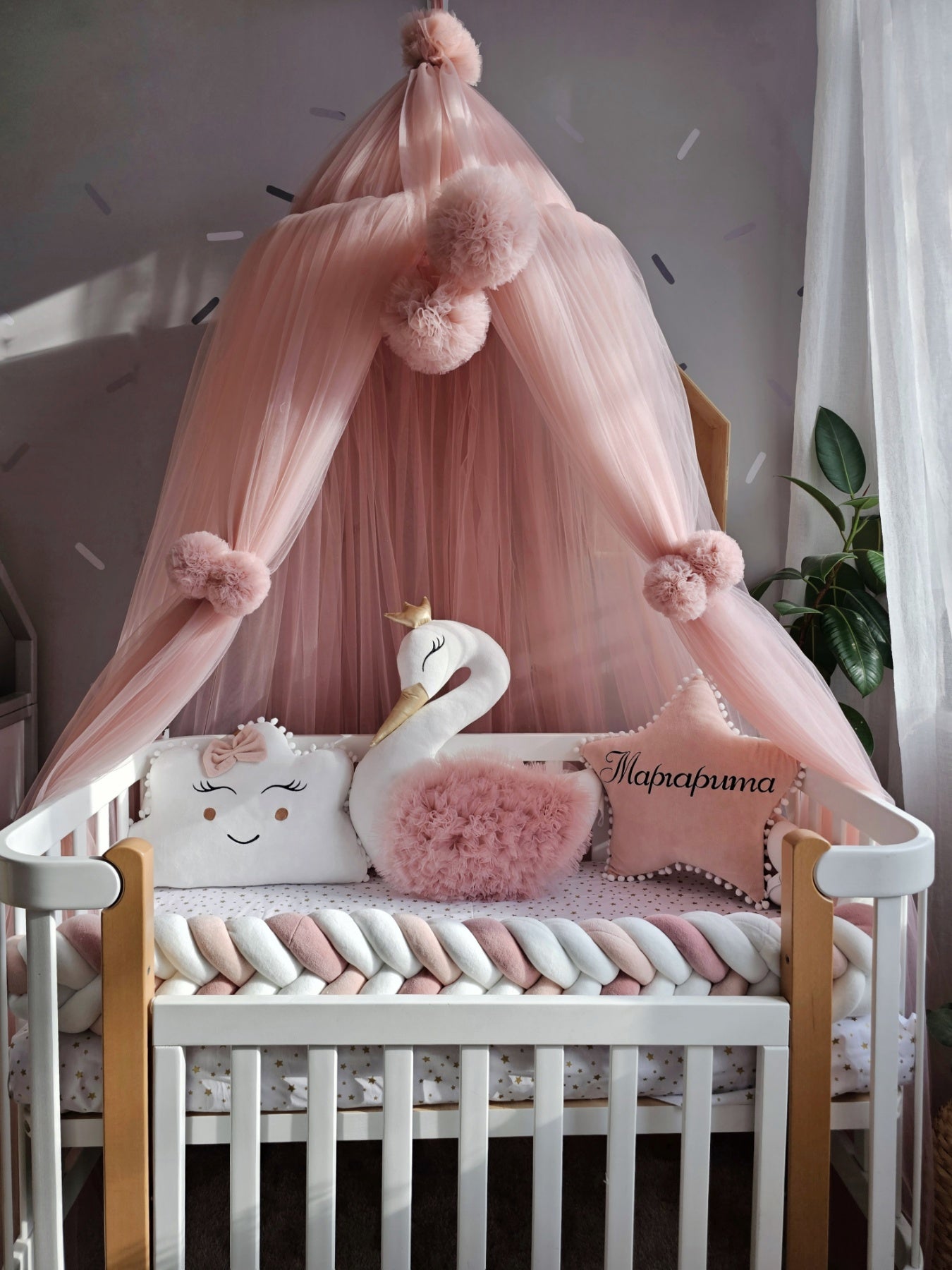 Premium baby bedding set for girl with braided crib bumper. KARI studio