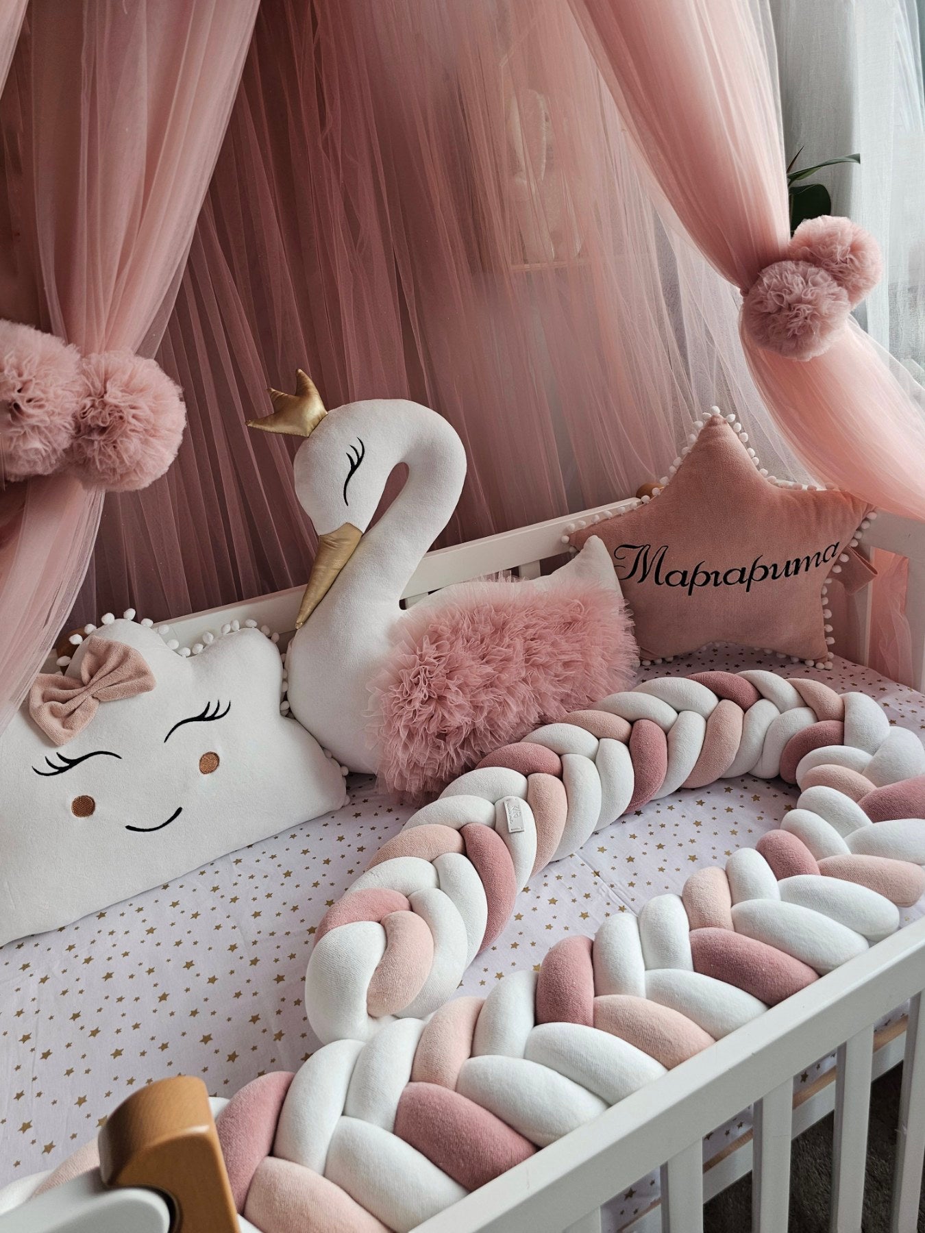 Premium baby bedding set for girl with braided crib bumper. KARI studio