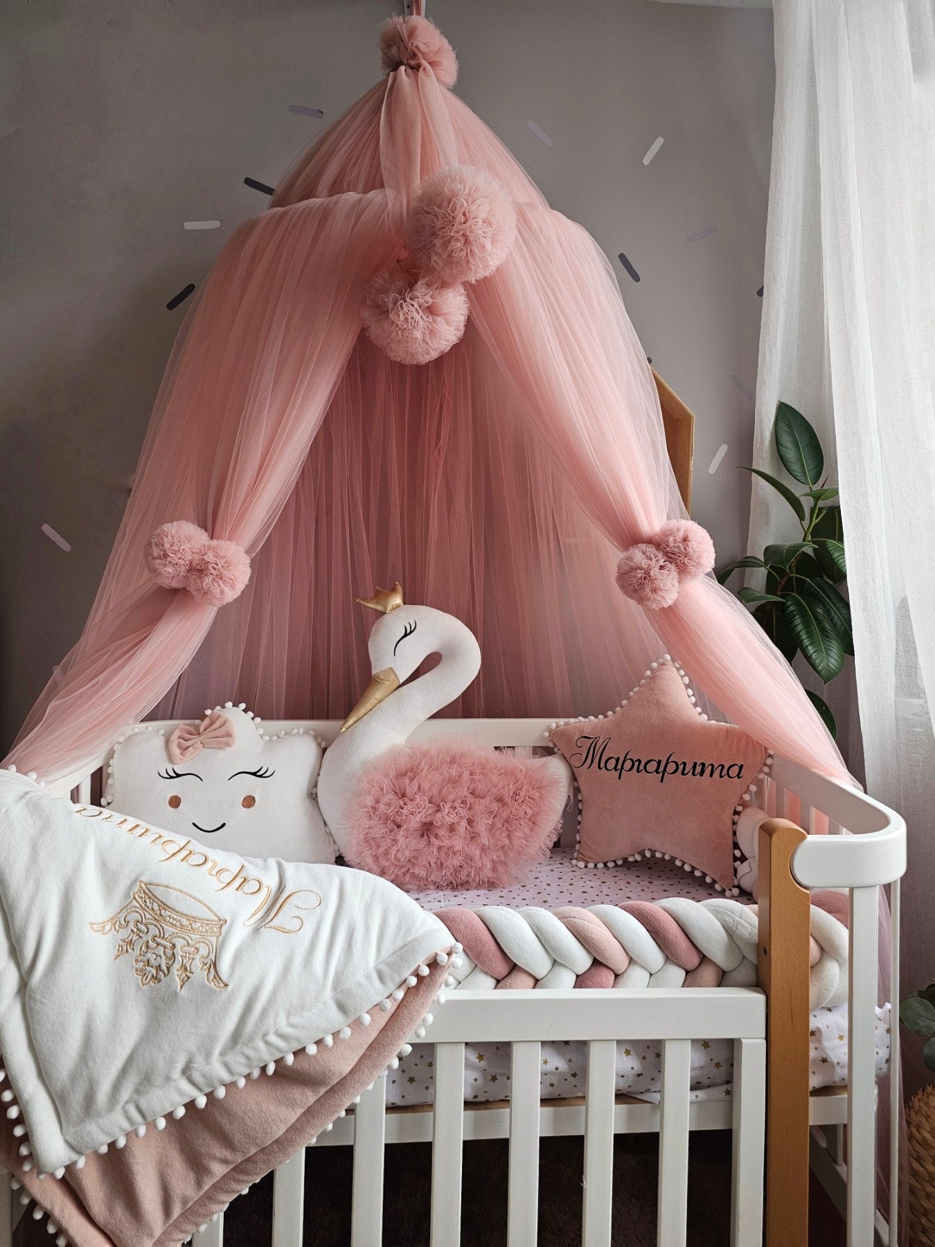 Premium baby bedding set for girl with braided crib bumper. KARI studio