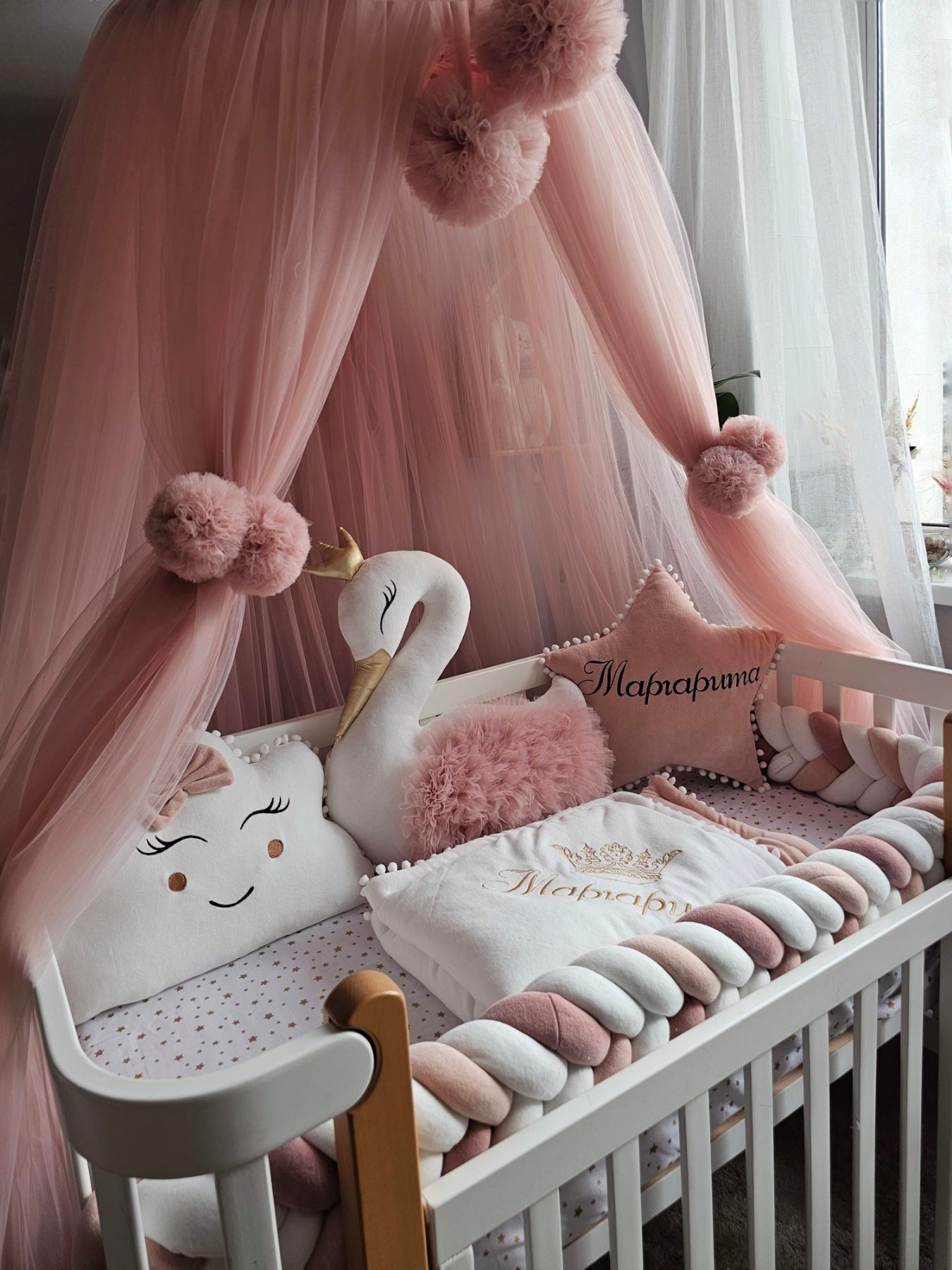 Premium baby bedding set for girl with braided crib bumper. KARI studio