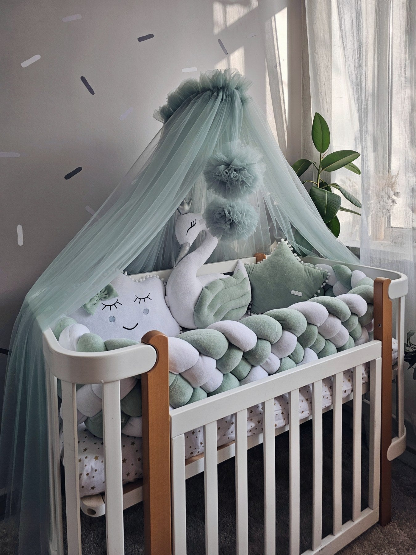 Personalized baby bedding set sage green with braided crib bumper. KARI studio