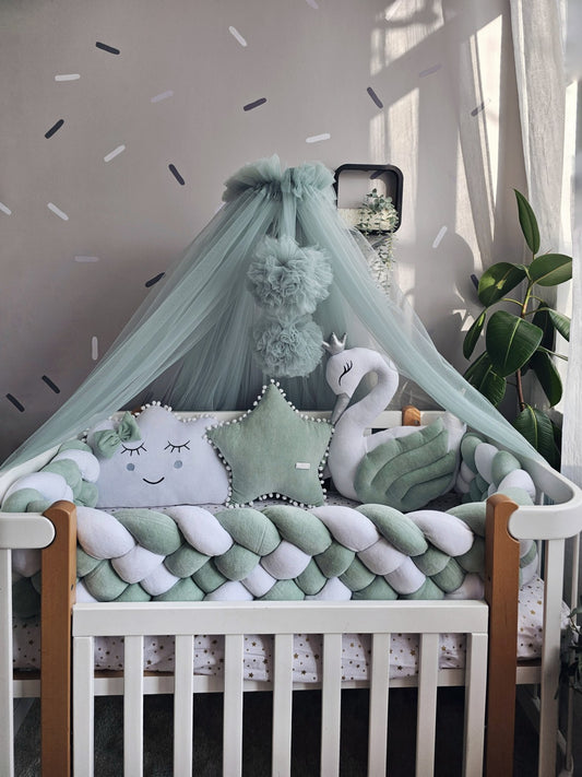 Personalized baby bedding set sage green with braided crib bumper. KARI studio