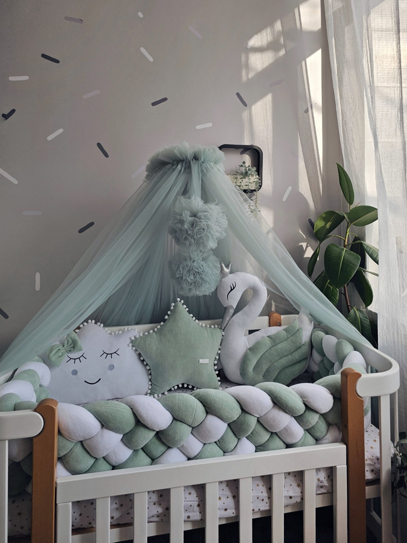 Personalized baby bedding set sage green with braided crib bumper. KARI studio