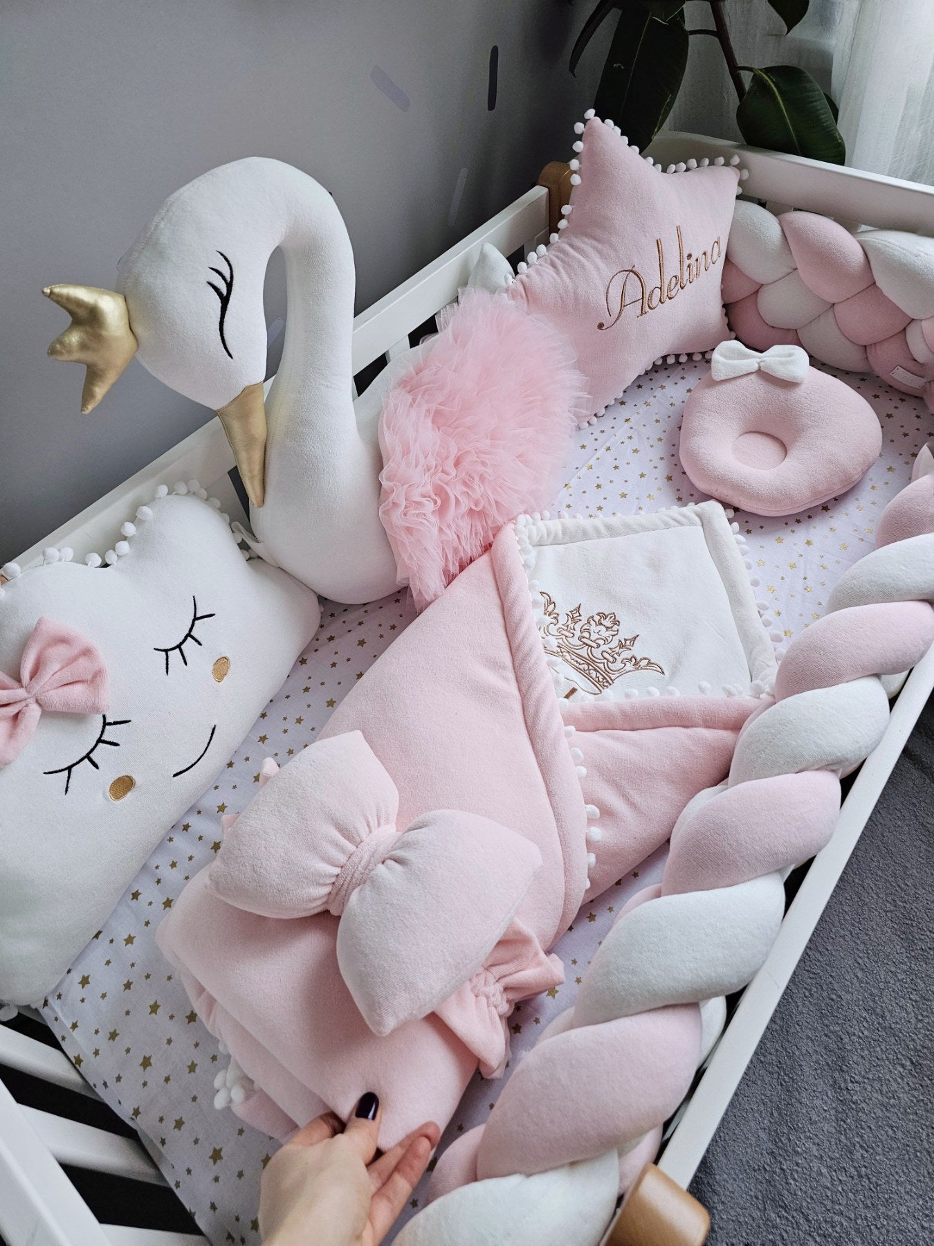 Luxury baby bedding light pink with braided crib bumper. KARI studio