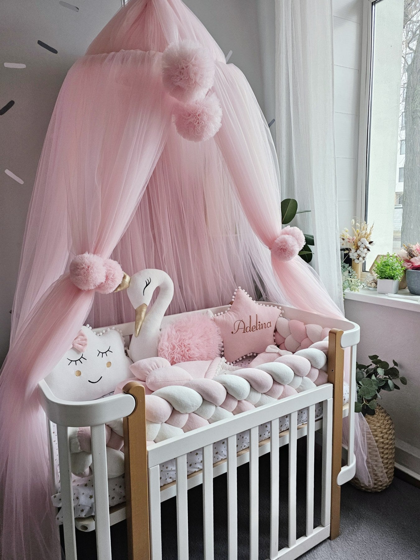 Luxury baby bedding light pink with braided crib bumper. KARI studio