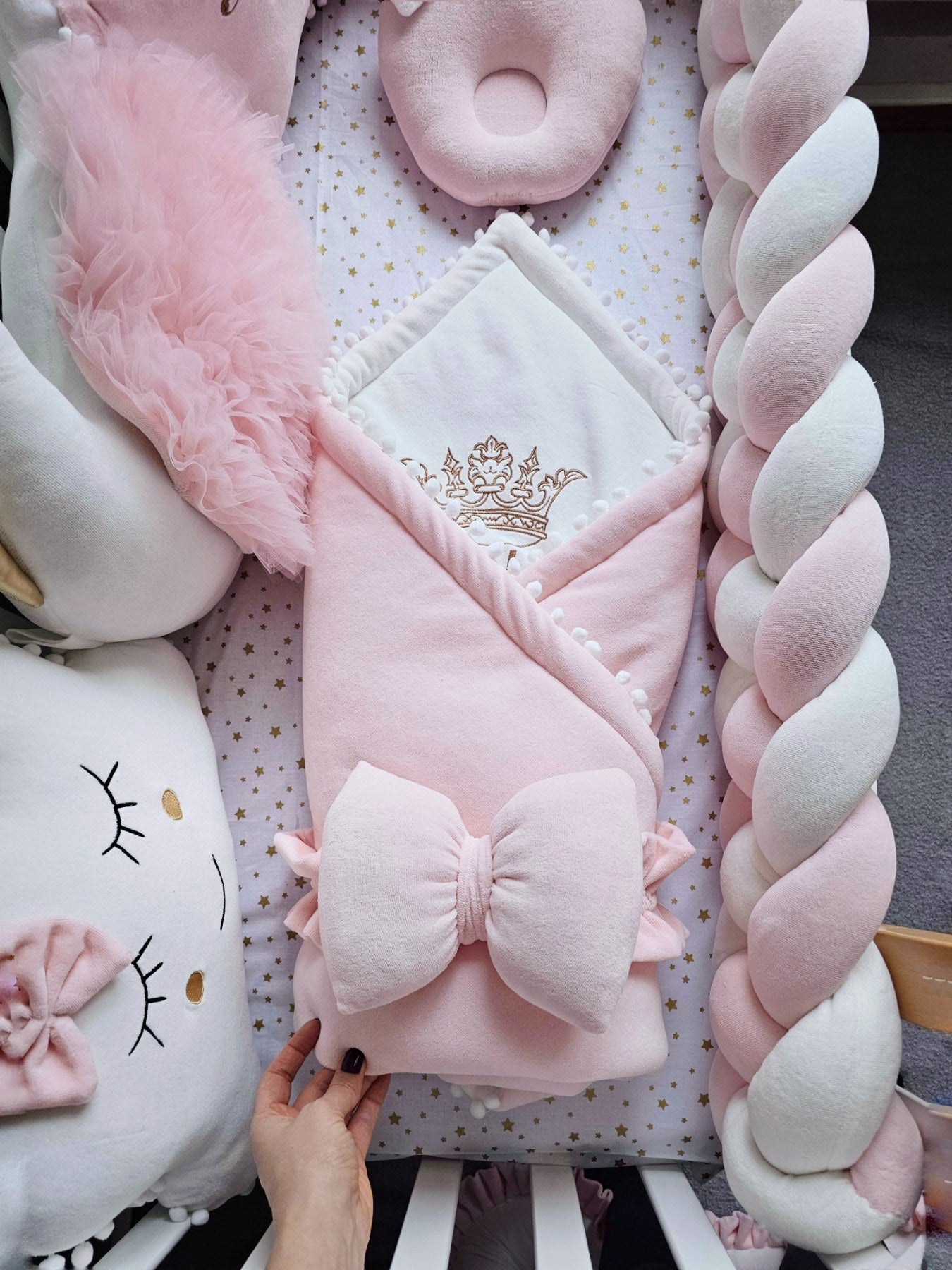 Luxury baby bedding light pink with braided crib bumper. KARI studio