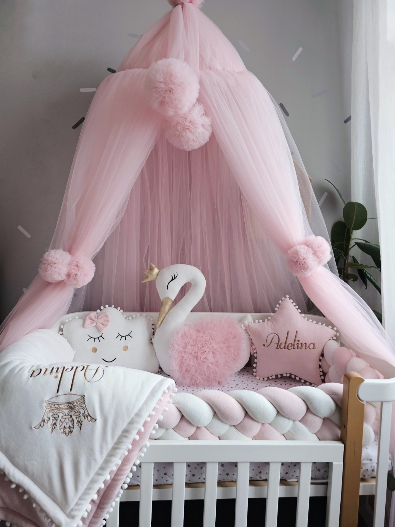 Luxury baby bedding light pink with braided crib bumper. KARI studio