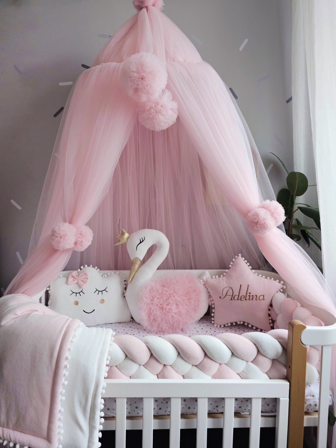 Luxury baby bedding light pink with braided crib bumper. KARI studio