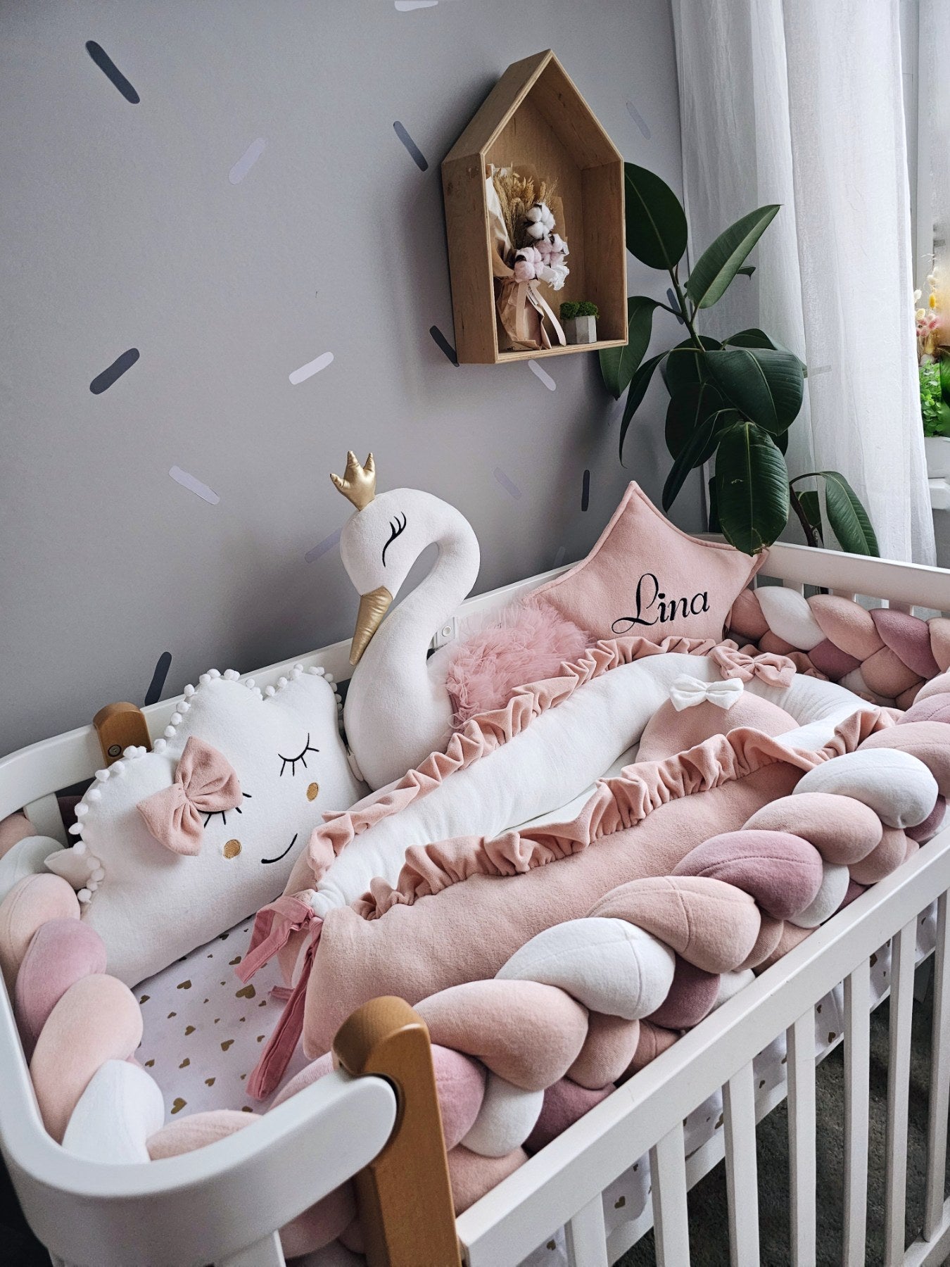 Girly baby crib bedding, Braided crib bumper. KARI studio