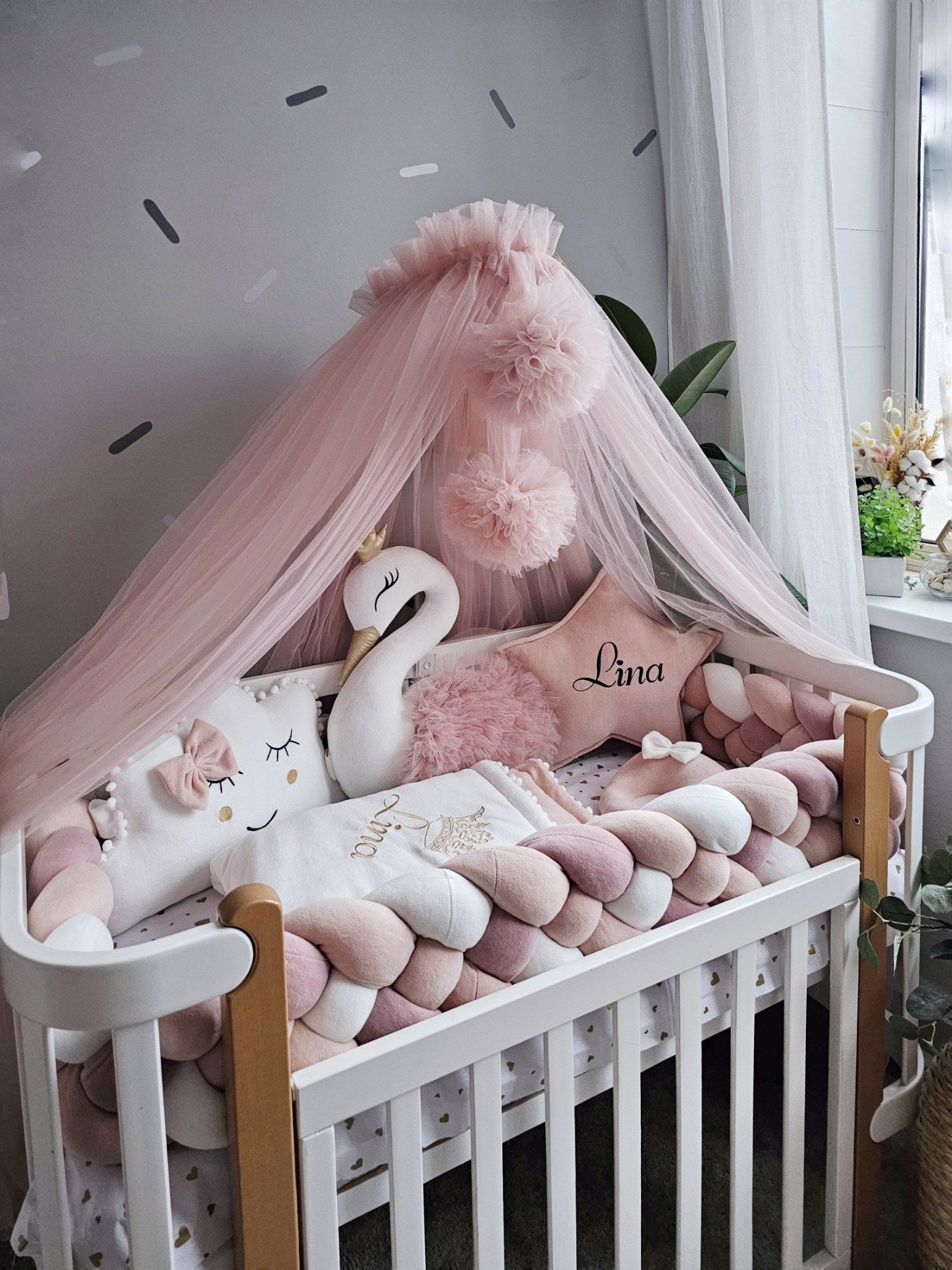 Girly baby crib bedding, Braided crib bumper. KARI studio