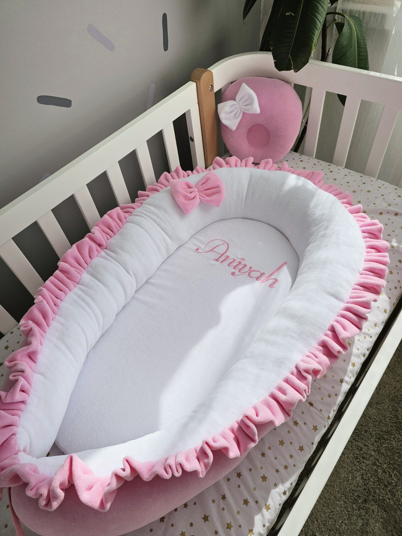 Unique pink baby crib bedding set for girl. KARI studio