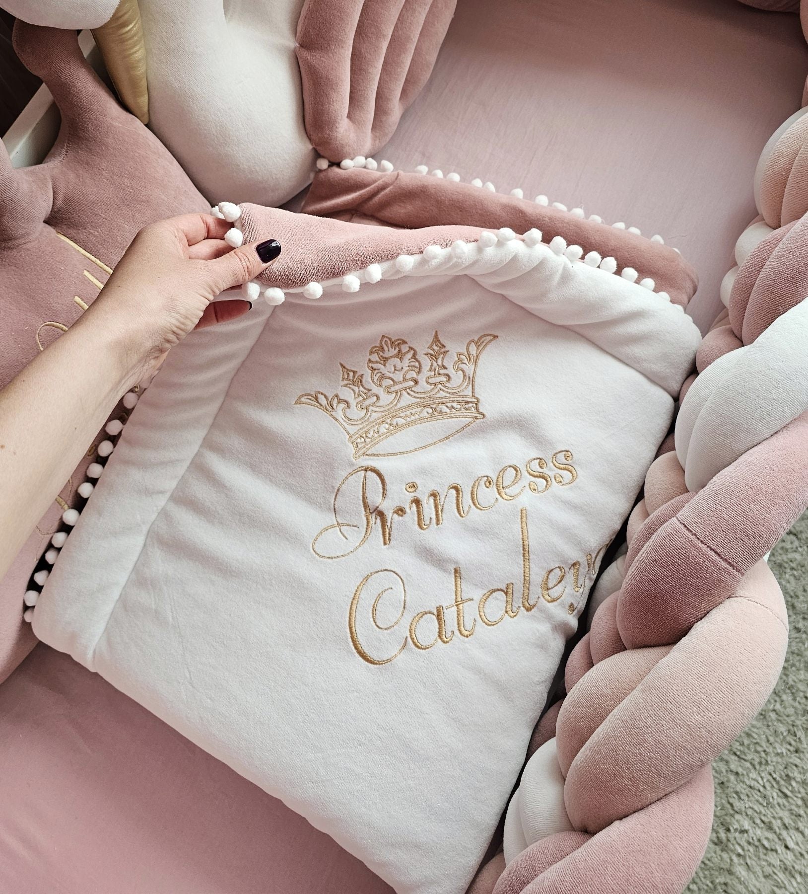 Luxury baby bedding with braided crib bumpers. KARI studio