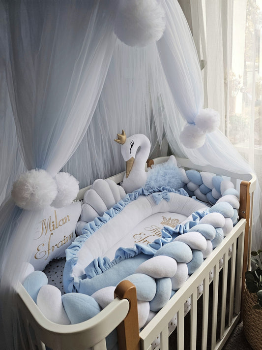 Personalized Baby Bedding Set blue white | Handmade Nursery Decor