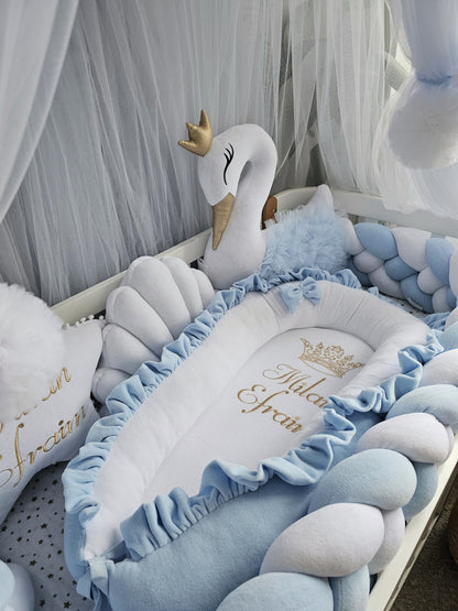 Personalized Baby Bedding Set blue white | Handmade Nursery Decor