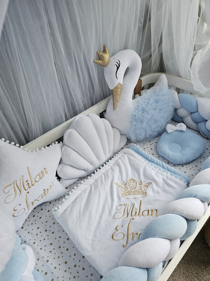 Personalized Baby Bedding Set blue white | Handmade Nursery Decor