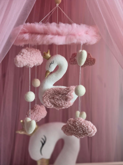 Personalized Girl Bedding Set Light Pink | Handmade Nursery Decor with Swan