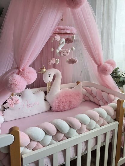 Personalized Girl Bedding Set Light Pink | Handmade Nursery Decor with Swan