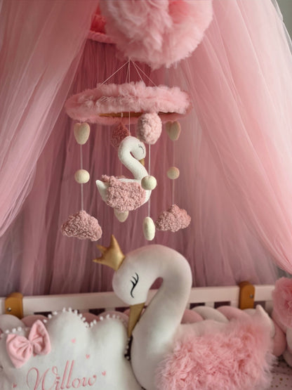 Personalized Girl Bedding Set Light Pink | Handmade Nursery Decor with Swan