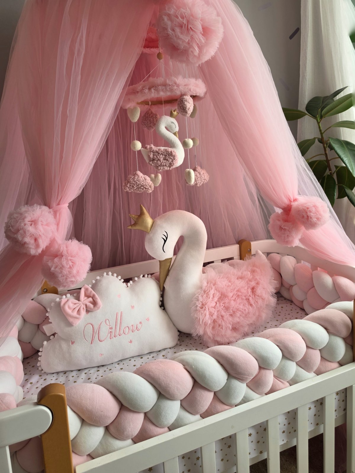 Personalized Girl Bedding Set Light Pink | Handmade Nursery Decor with Swan