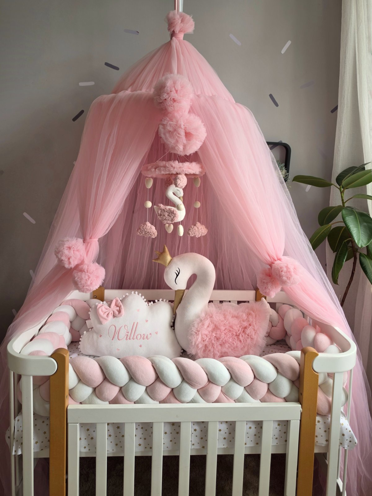 Personalized Girl Bedding Set Light Pink | Handmade Nursery Decor with Swan