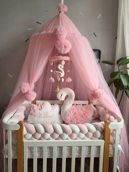 Personalized Girl Bedding Set Light Pink | Handmade Nursery Decor with Swan